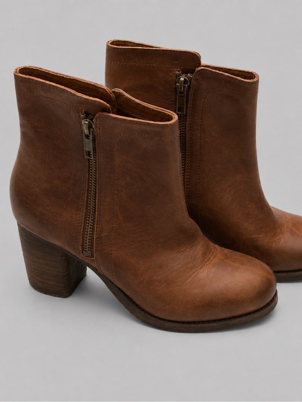 Frye Addie Double Zip Brown Leather Ankle Booties